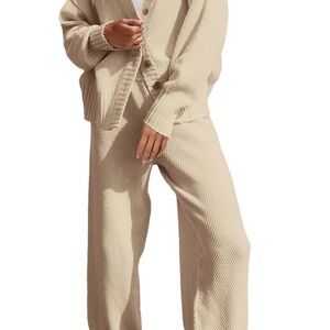 Beige Knit Cardigan and Pants Set